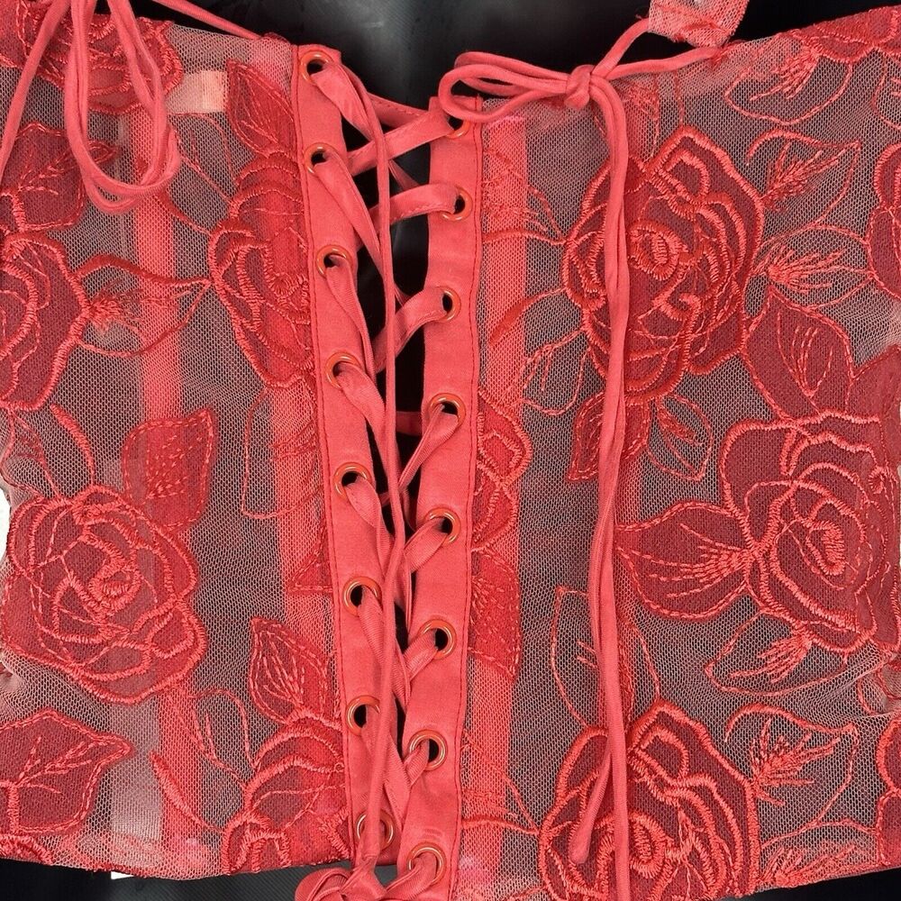 NWT For Love & Lemons Red Floral Sheer Corset Tank - Picture 12 of 15